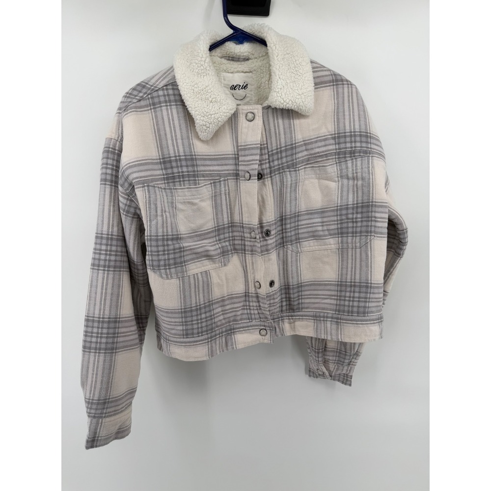 Aerie Womens Plaid Sherpa Collar Cropped Shirt Jacket Gray Cream Small SRxMB255